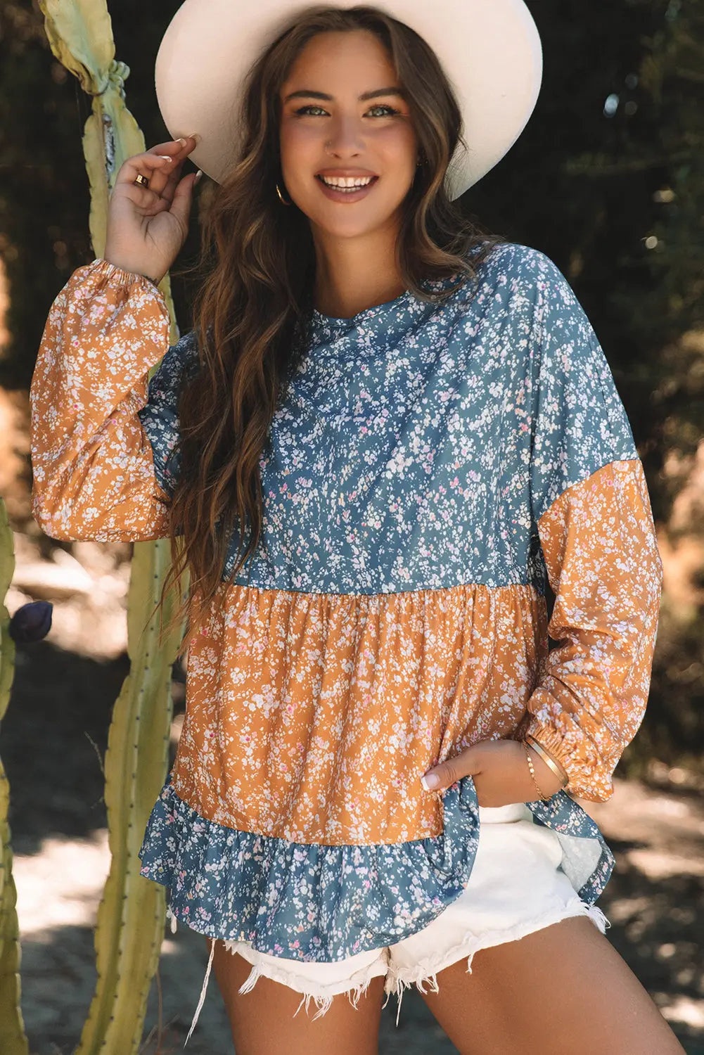 Orange Floral Colour Block Ruffled Hem Round Neck Blouse Beagle Boutique Fashion Outlet