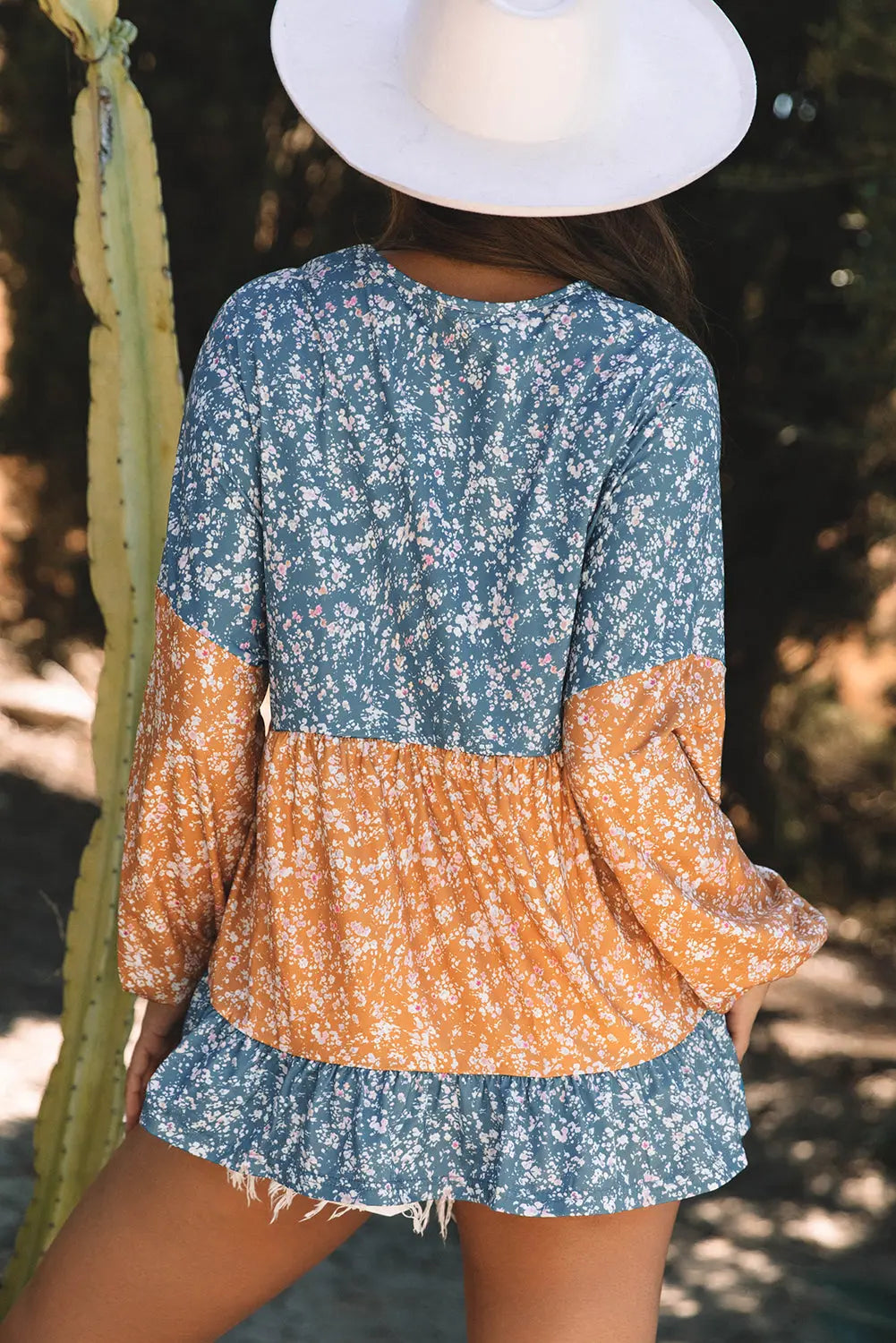 Orange Floral Colour Block Ruffled Hem Round Neck Blouse Beagle Boutique Fashion Outlet