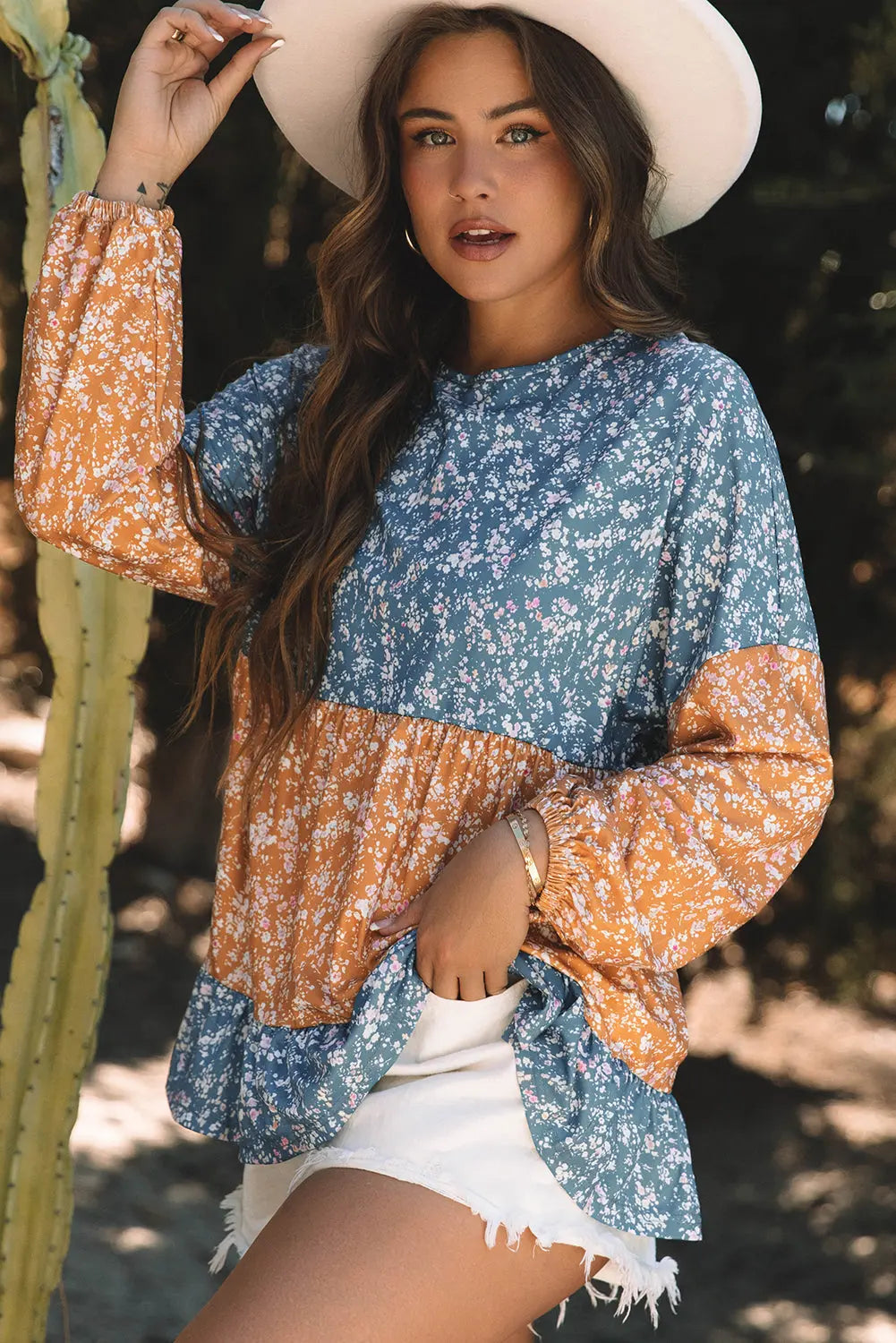 Orange Floral Colour Block Ruffled Hem Round Neck Blouse Beagle Boutique Fashion Outlet