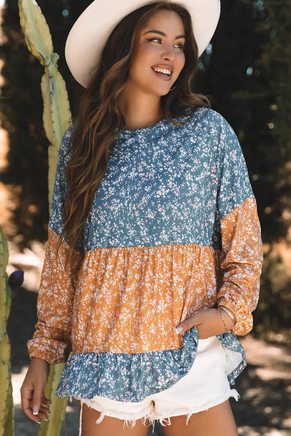 Orange Floral Colour Block Ruffled Hem Round Neck Blouse Beagle Boutique Fashion Outlet