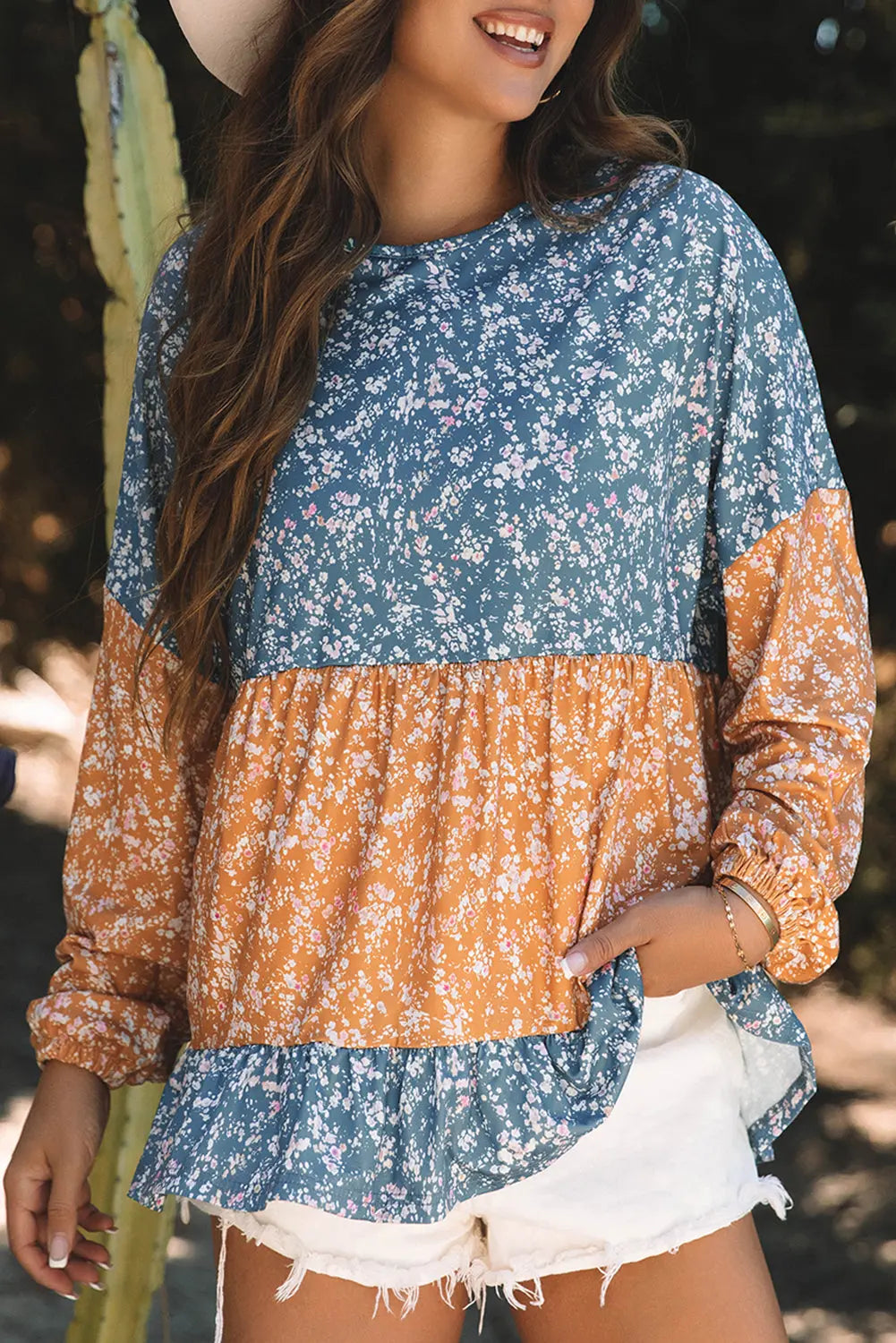 Orange Floral Colour Block Ruffled Hem Round Neck Blouse Beagle Boutique Fashion Outlet