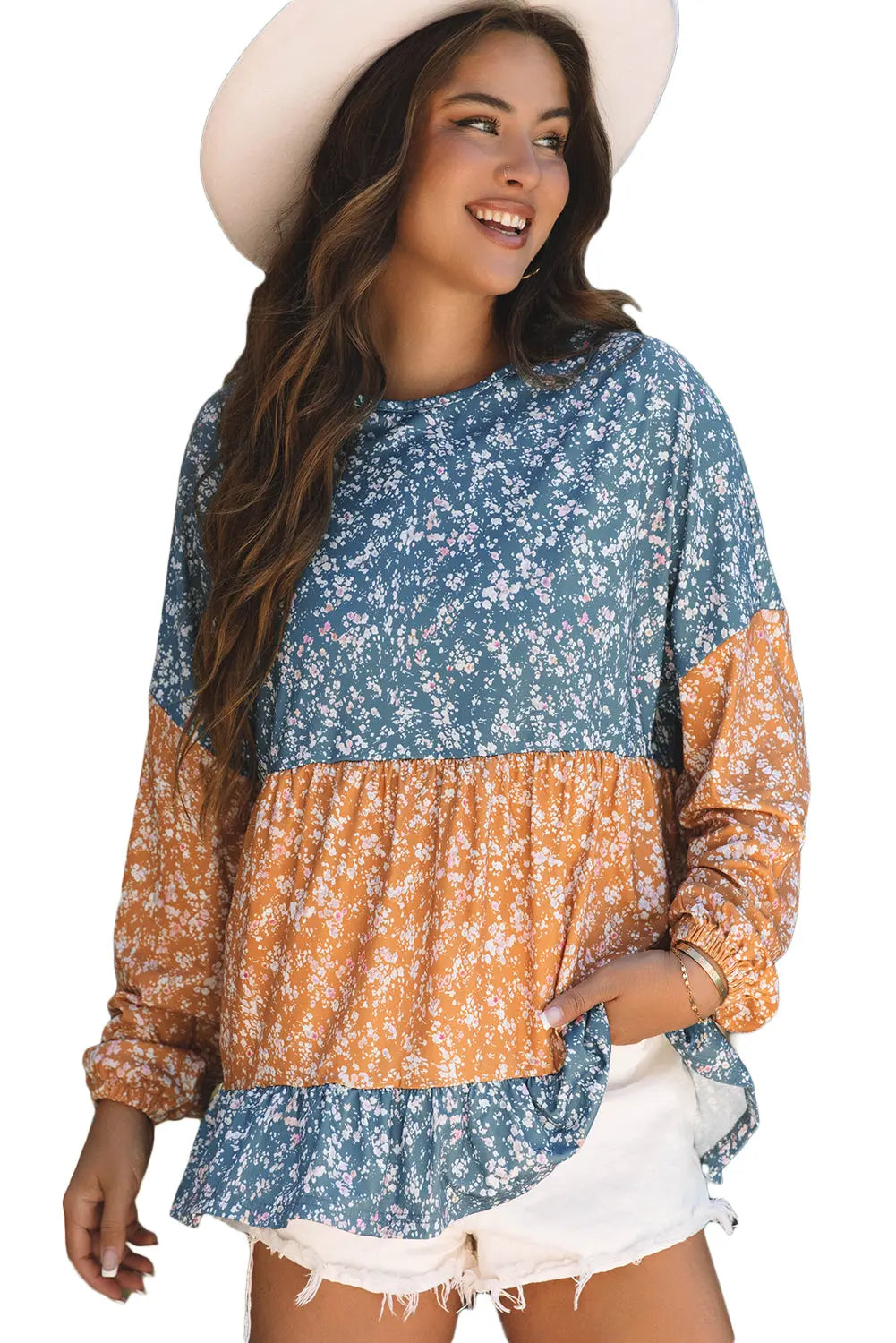 Orange Floral Colour Block Ruffled Hem Round Neck Blouse Beagle Boutique Fashion Outlet