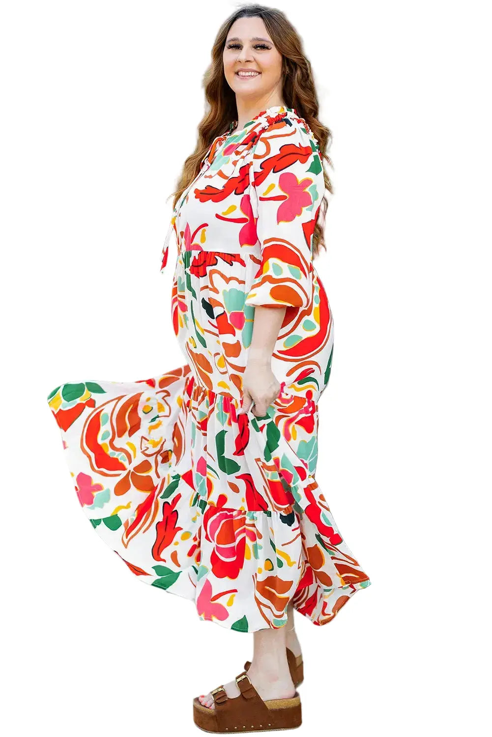 Floral Print Drawstring V Neck Tiered Plus Dress