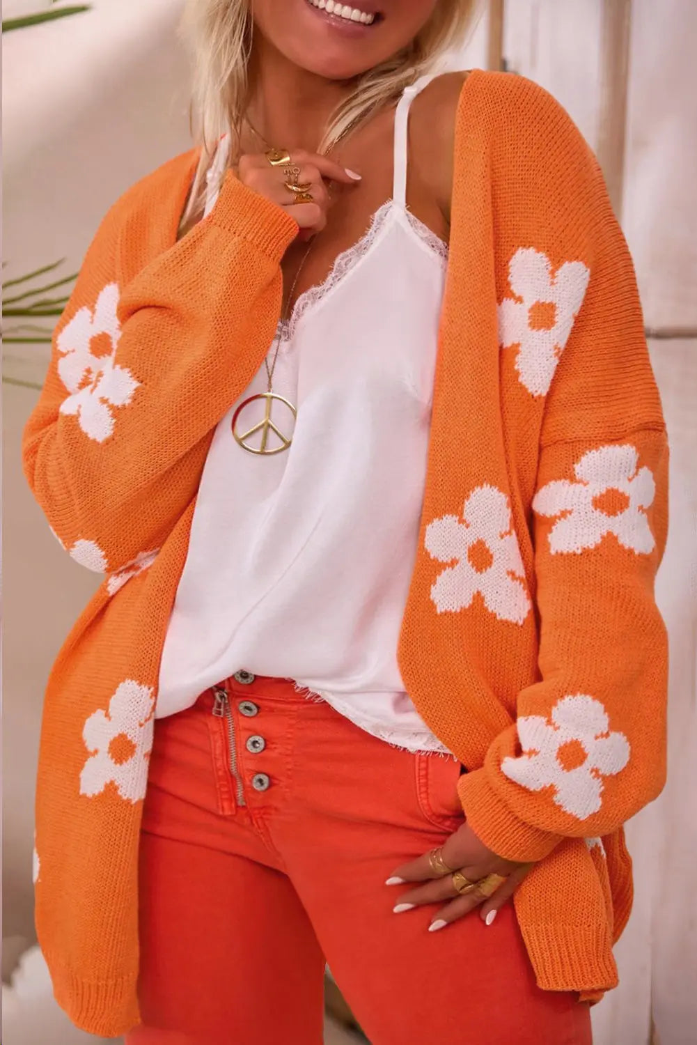 Orange Flower Pattern Drop Shoulder Plus Size Cardigan Beagle Boutique Fashion Outlet