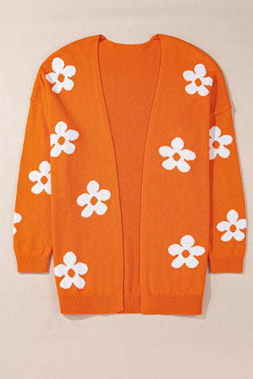 Orange Flower Pattern Drop Shoulder Plus Size Cardigan Beagle Boutique Fashion Outlet