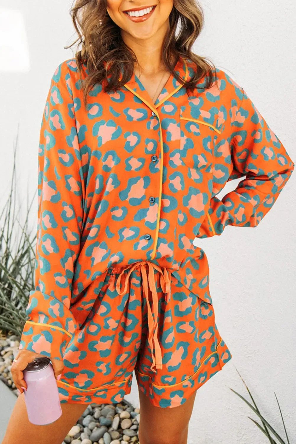 Orange Leopard Print Long Sleeve Shirt and Shorts Pyjama Set - eAura