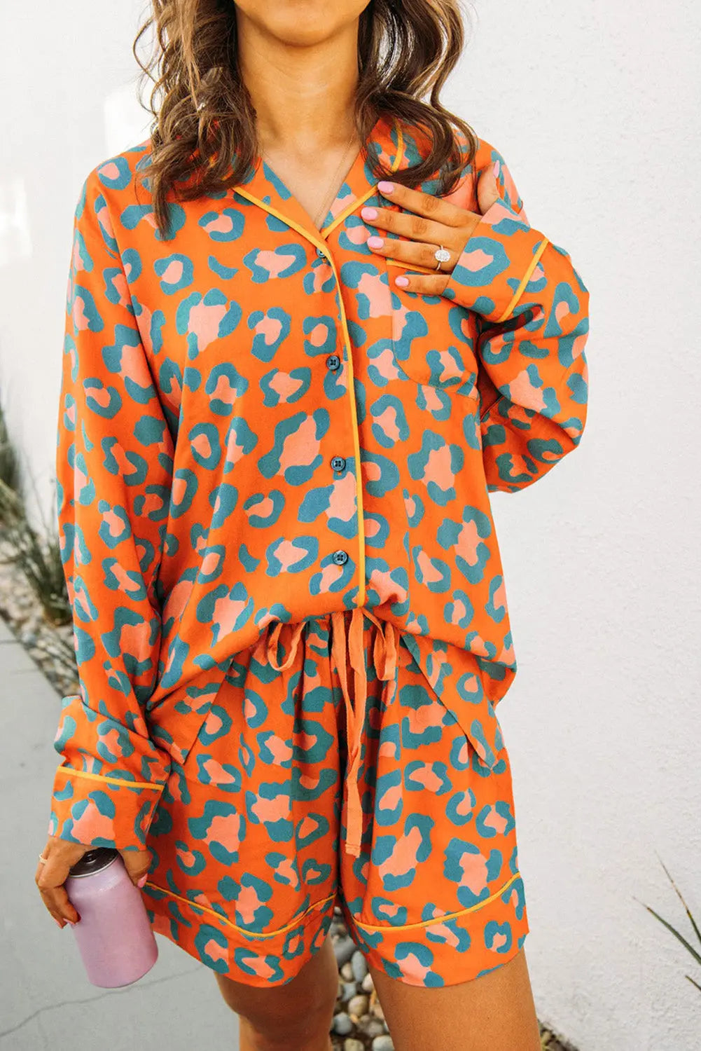Orange Leopard Print Long Sleeve Shirt and Shorts Pyjama Set eAura