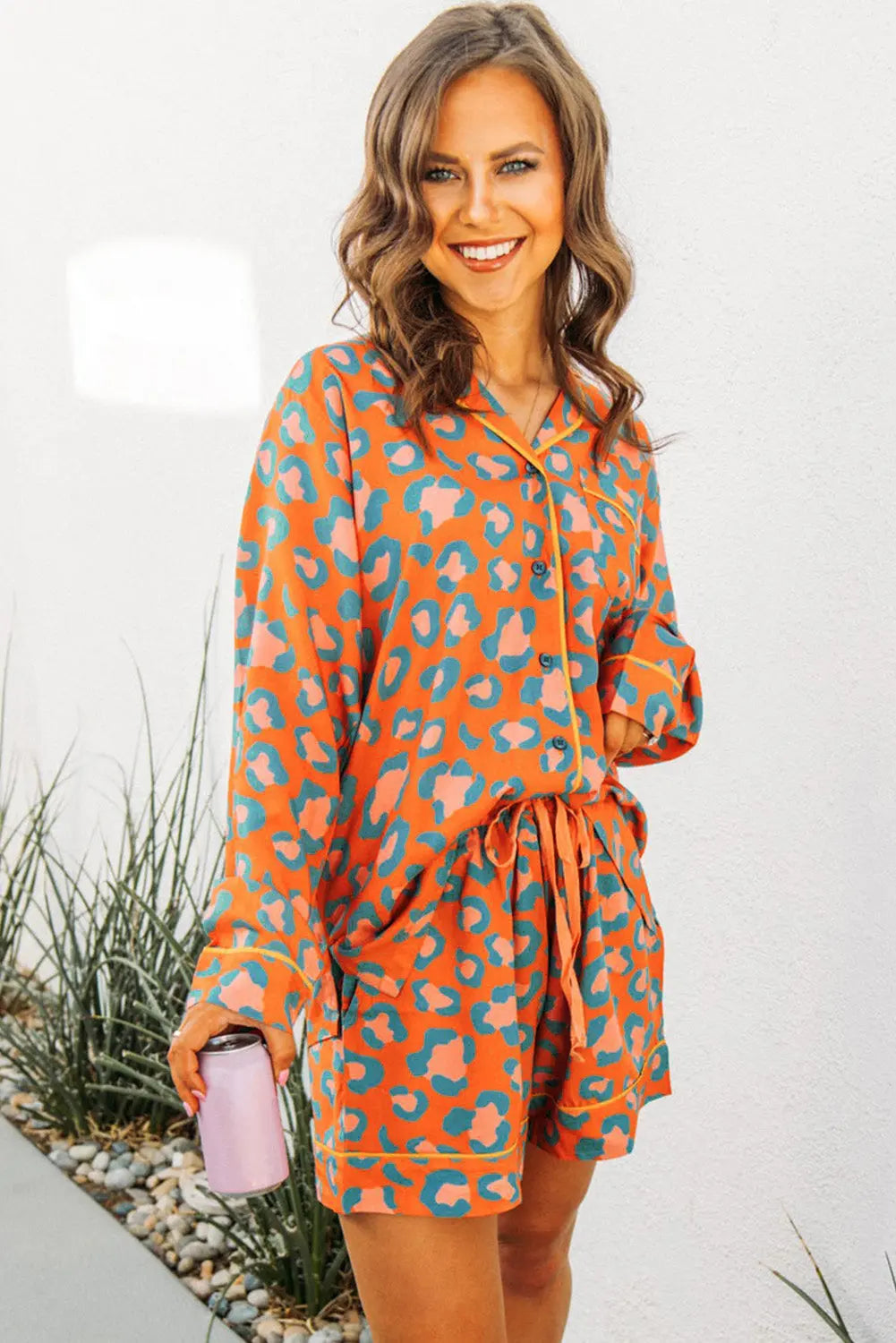 Orange Leopard Print Long Sleeve Shirt and Shorts Pyjama Set eAura