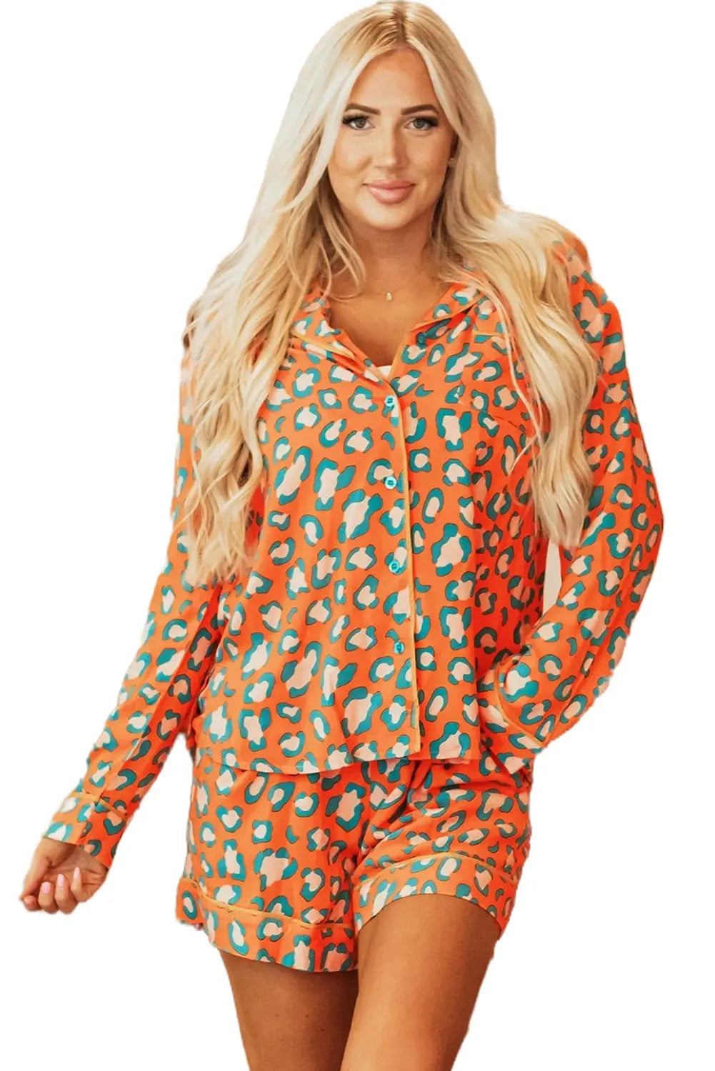 Orange Leopard Print Long Sleeve Shirt and Shorts Pyjama Set eAura