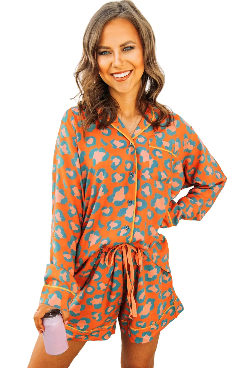Orange Leopard Print Long Sleeve Shirt and Shorts Pyjama Set eAura
