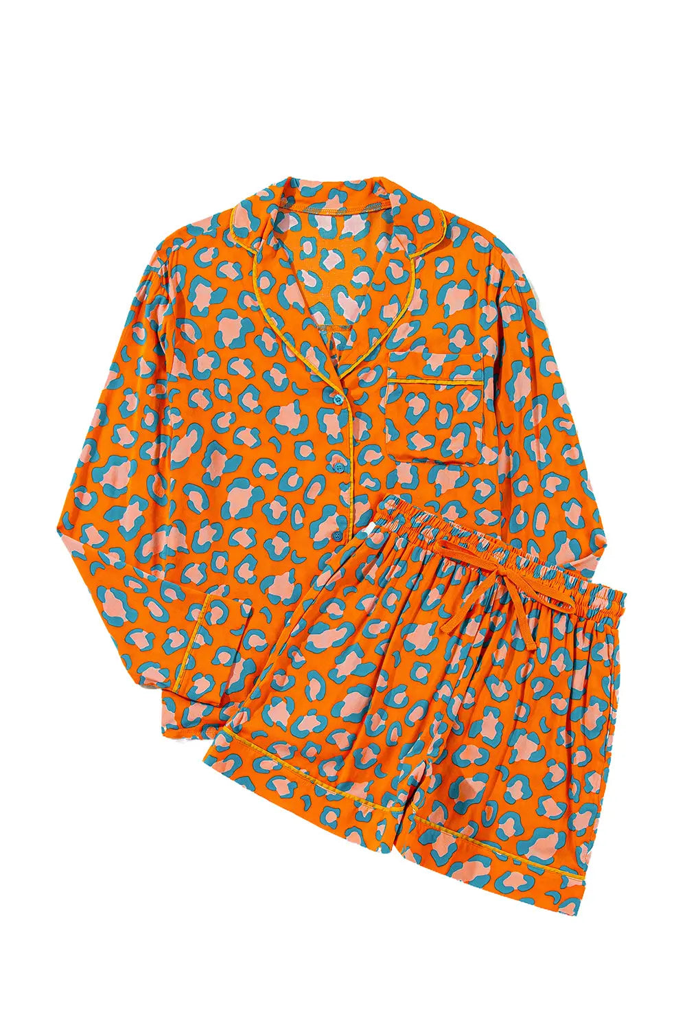Orange Leopard Print Long Sleeve Shirt and Shorts Pyjama Set eAura