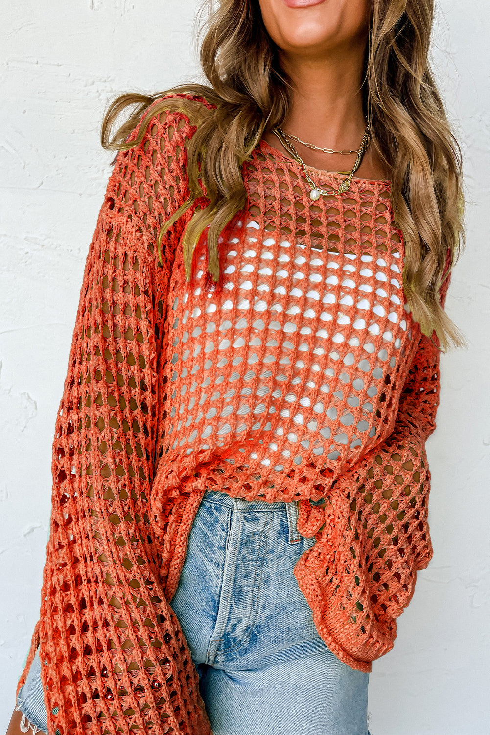 Orange Open Knit Crochet Bell Sleeve Tunic Sweater - eAura