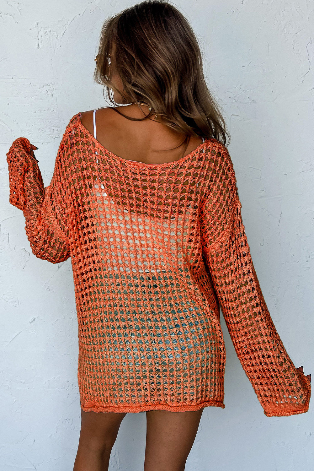 Orange Open Knit Crochet Bell Sleeve Tunic Sweater - eAura
