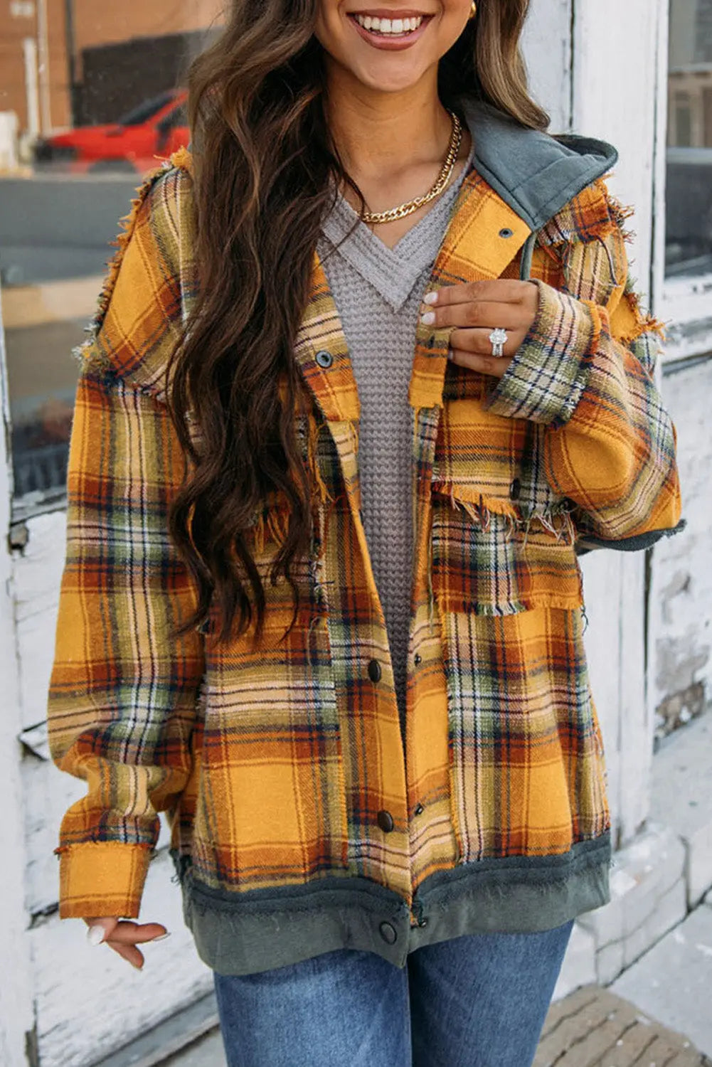Orange Plaid Patch Hooded Frayed Snap Button Jacket eAura