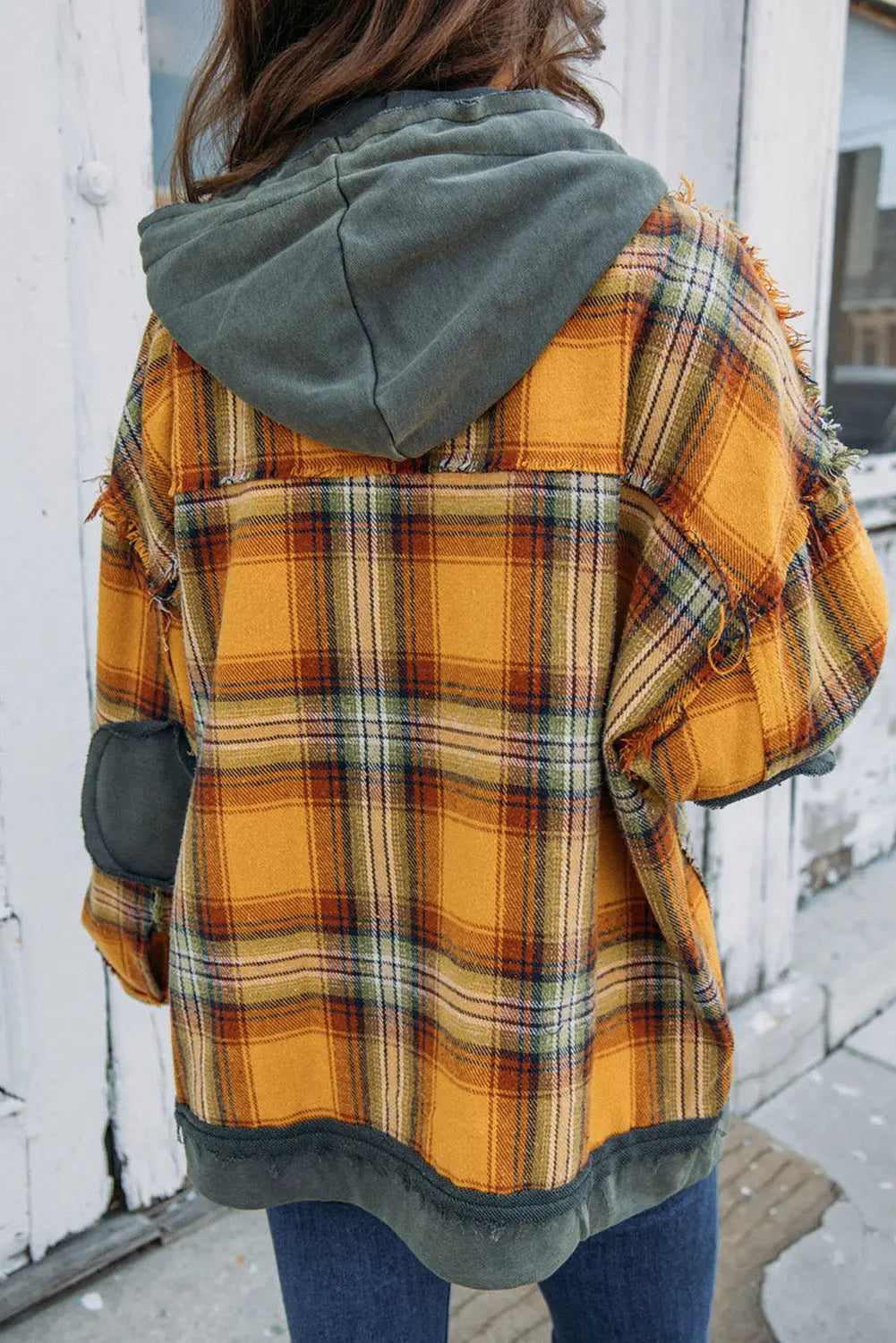 Orange Plaid Patch Hooded Frayed Snap Button Jacket eAura