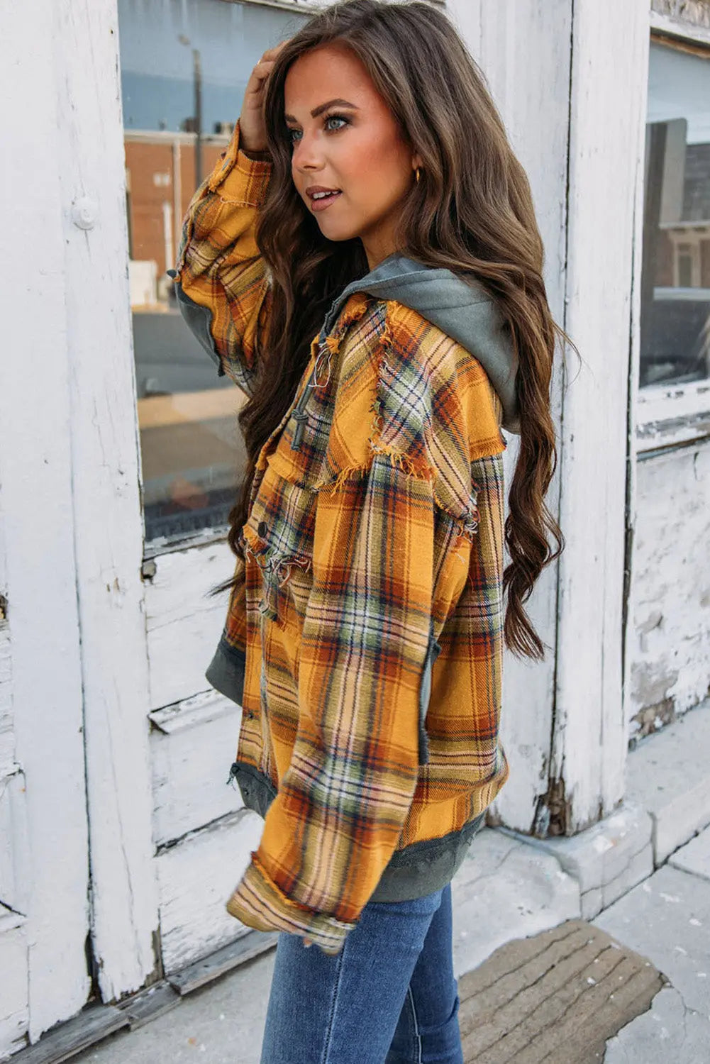 Orange Plaid Patch Hooded Frayed Snap Button Jacket eAura