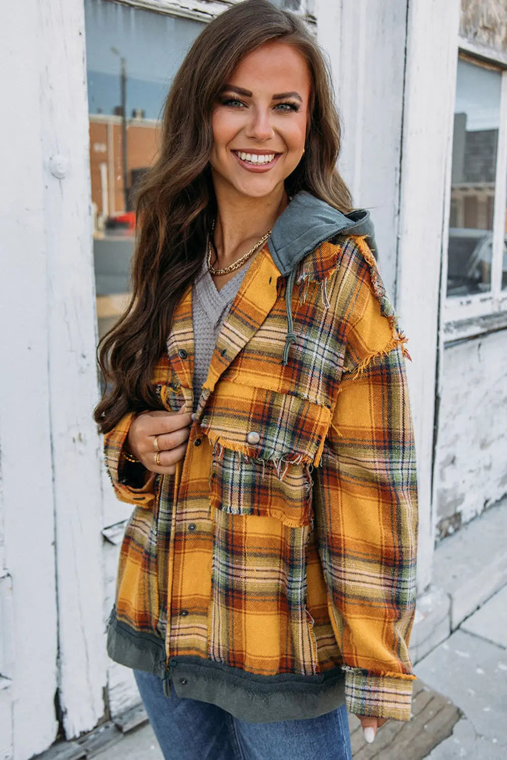 Orange Plaid Patch Hooded Frayed Snap Button Jacket eAura