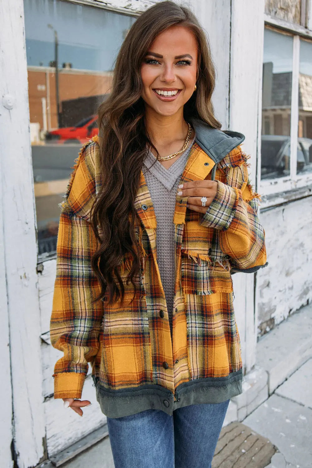 Orange Plaid Patch Hooded Frayed Snap Button Jacket eAura