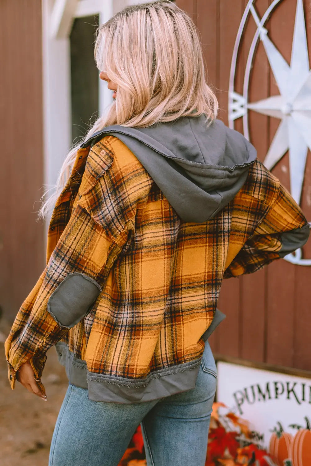 Orange Plaid Patch Hooded Frayed Snap Button Jacket eAura