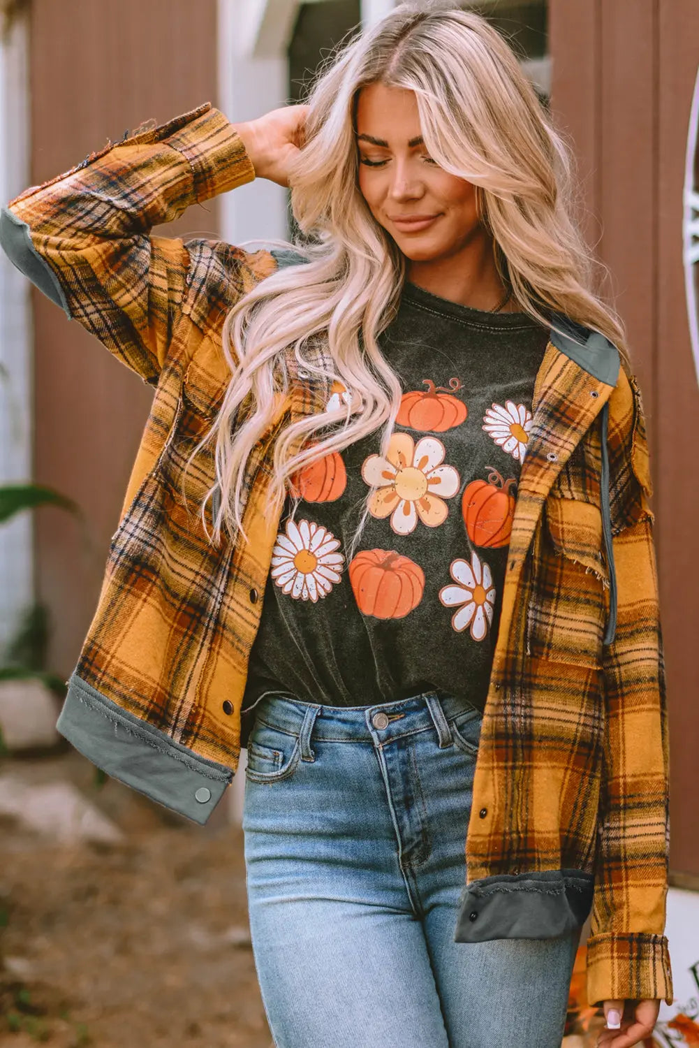 Orange Plaid Patch Hooded Frayed Snap Button Jacket eAura