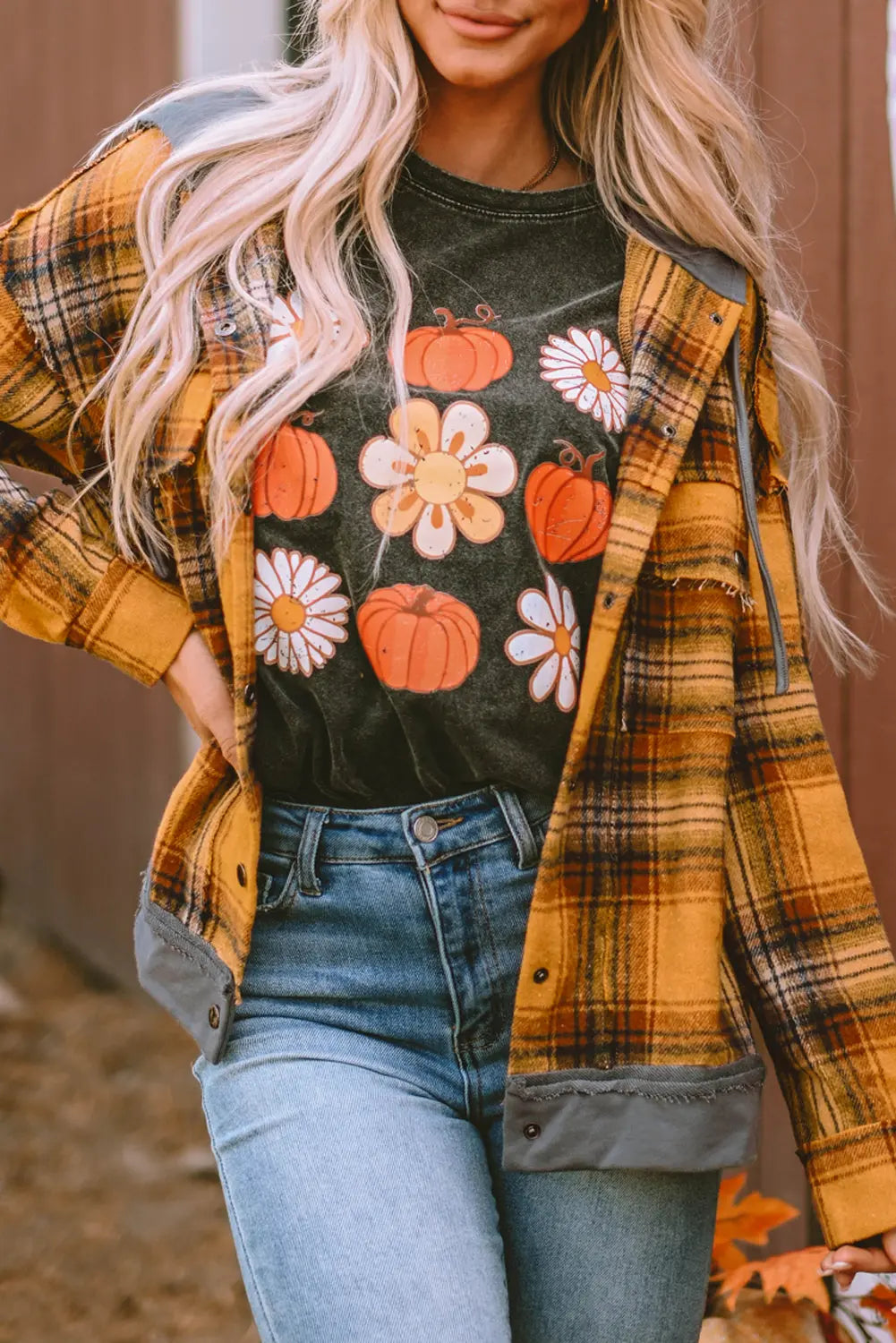 Orange Plaid Patch Hooded Frayed Snap Button Jacket eAura