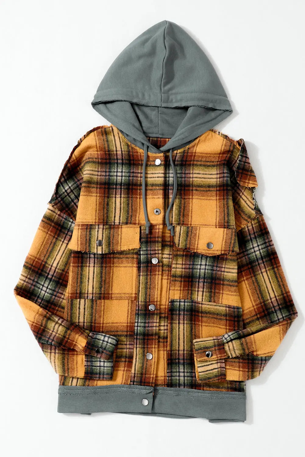 Orange Plaid Patch Hooded Frayed Snap Button Jacket eAura