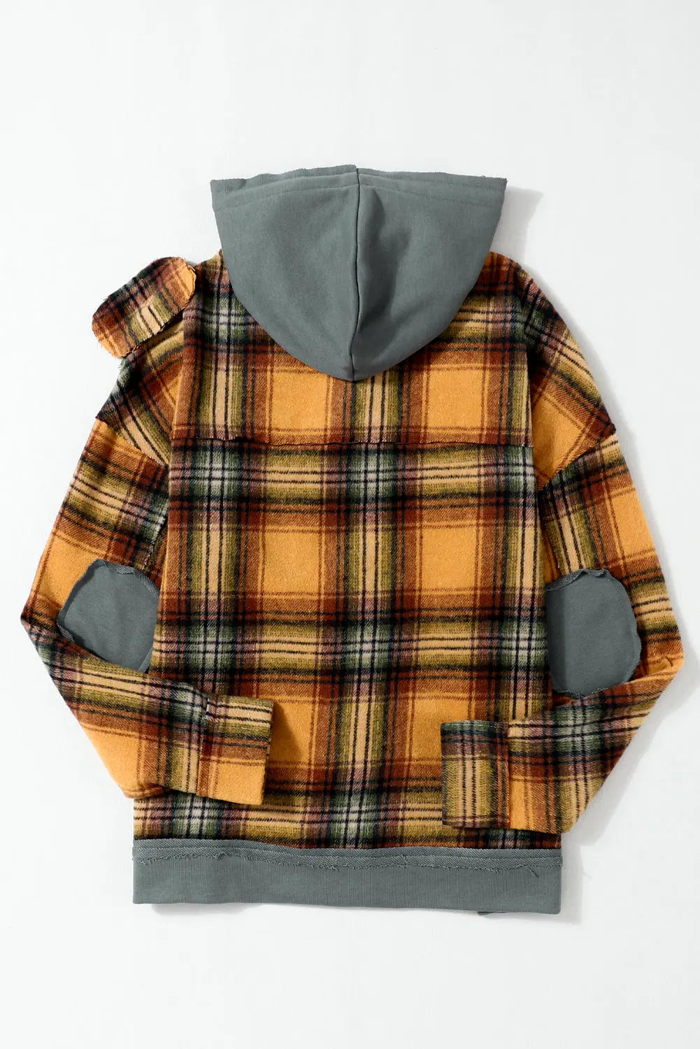 Orange Plaid Patch Hooded Frayed Snap Button Jacket eAura