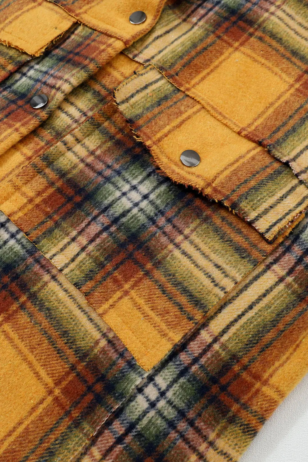 Orange Plaid Patch Hooded Frayed Snap Button Jacket eAura