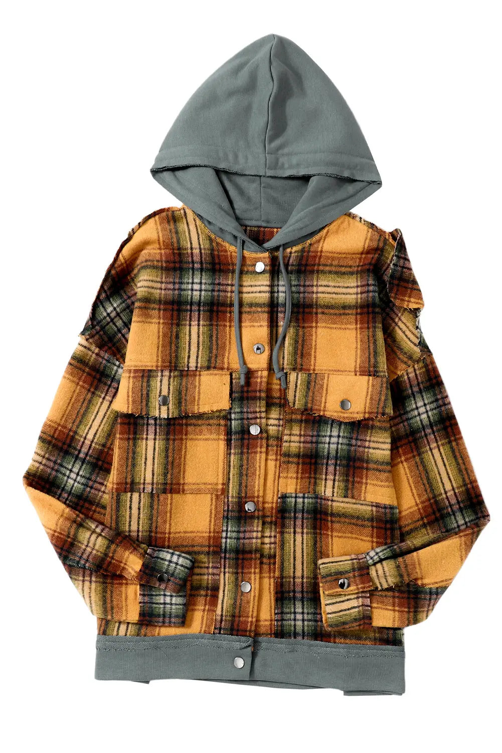 Orange Plaid Patch Hooded Frayed Snap Button Jacket eAura