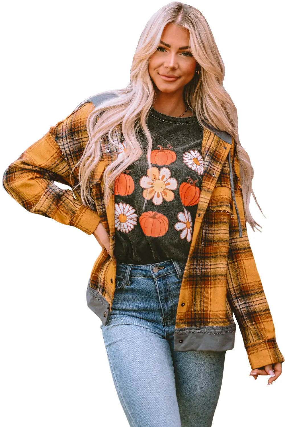 Orange Plaid Patch Hooded Frayed Snap Button Jacket eAura