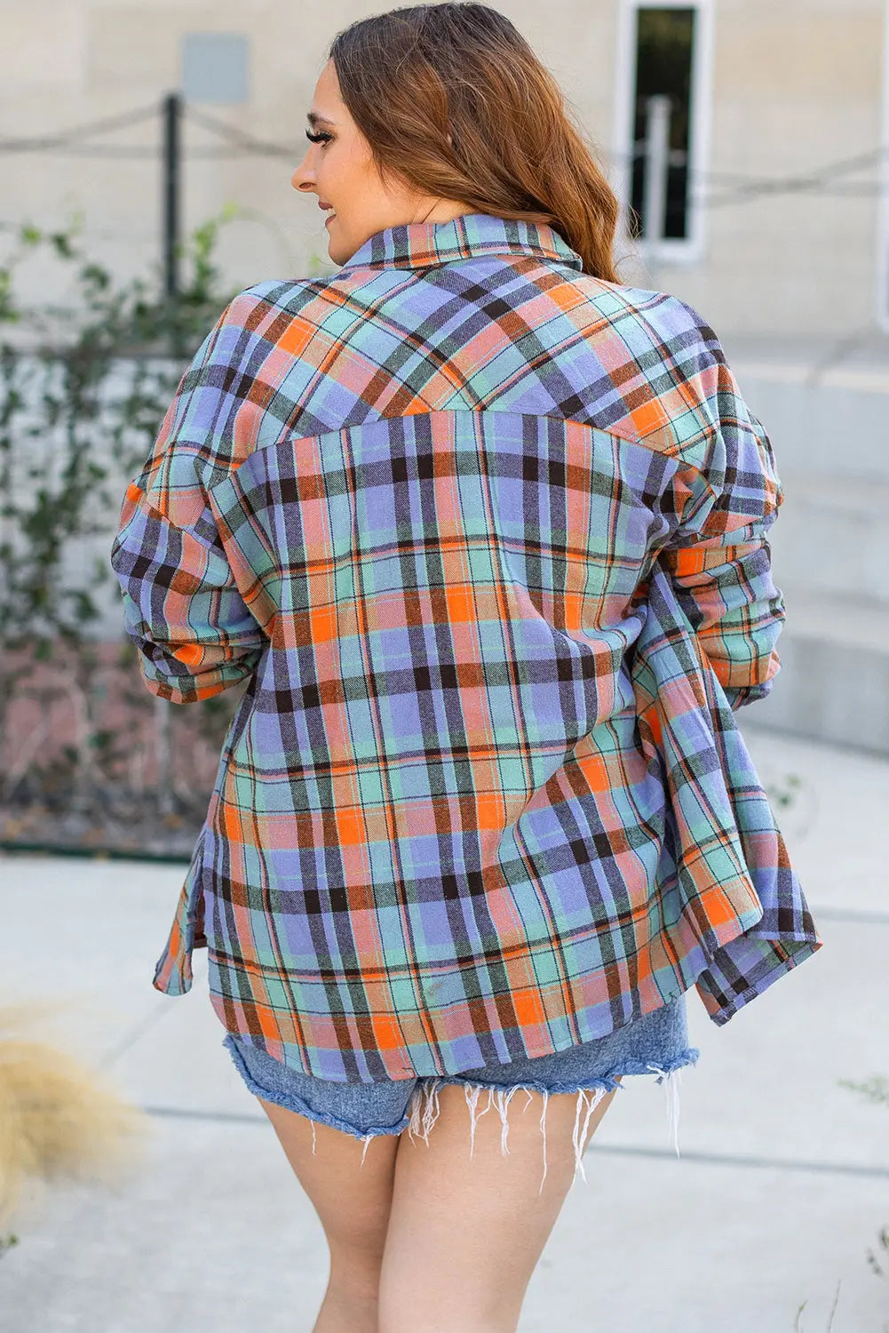 Orange Plus Size Plaid Print Buttoned Shirt - eAura