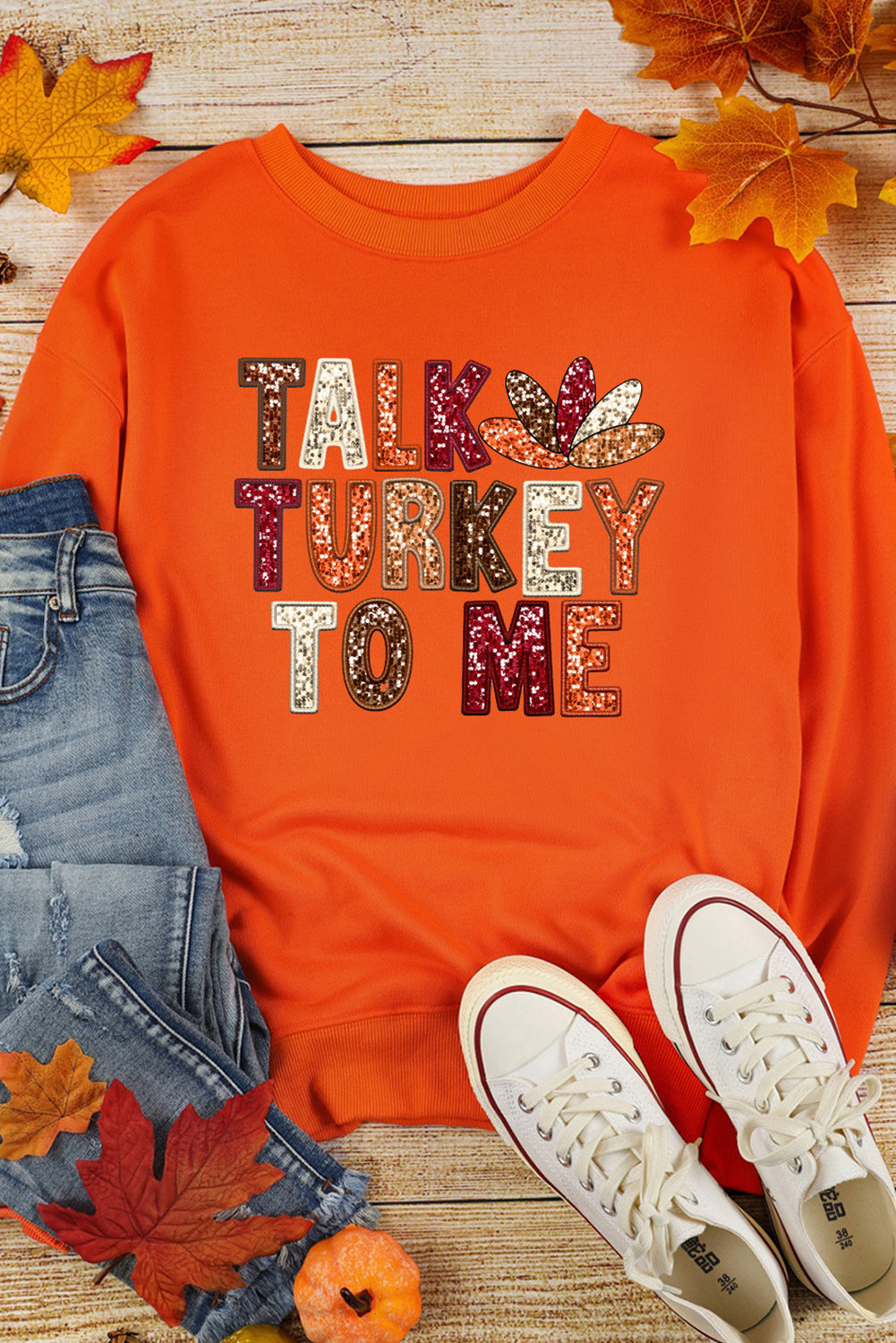 Orange TALK TURKEY TO ME Graphic Thanksgiving Holiday Sweatshirt - Graphic/Graphic Sweatshirts