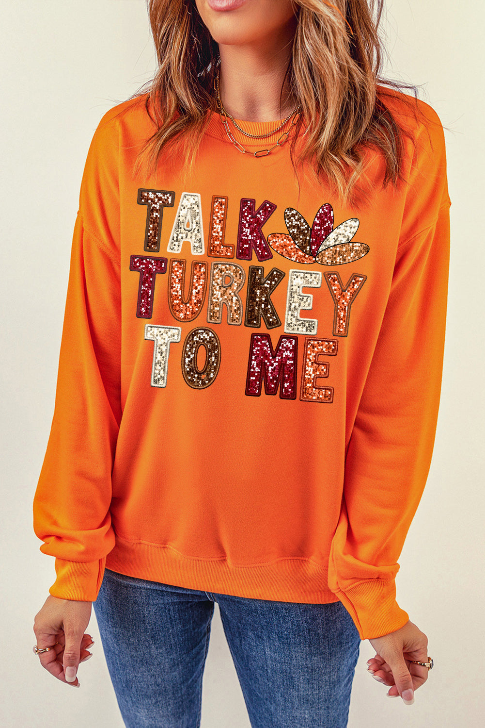 Orange TALK TURKEY TO ME Graphic Thanksgiving Holiday Sweatshirt - Graphic/Graphic Sweatshirts