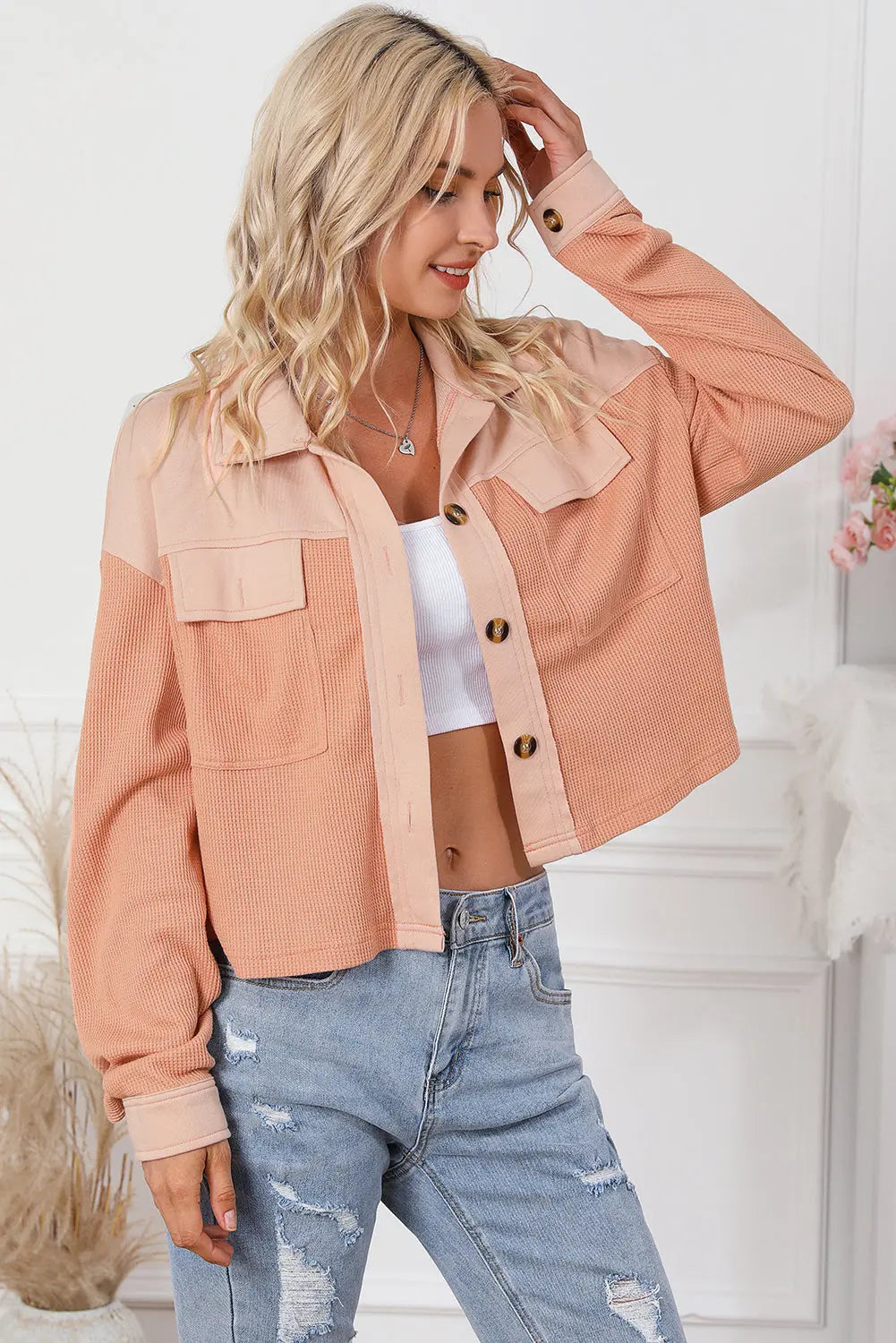 Orange Textured Waffle Knit Chest Pockets Cropped Shacket - eAura