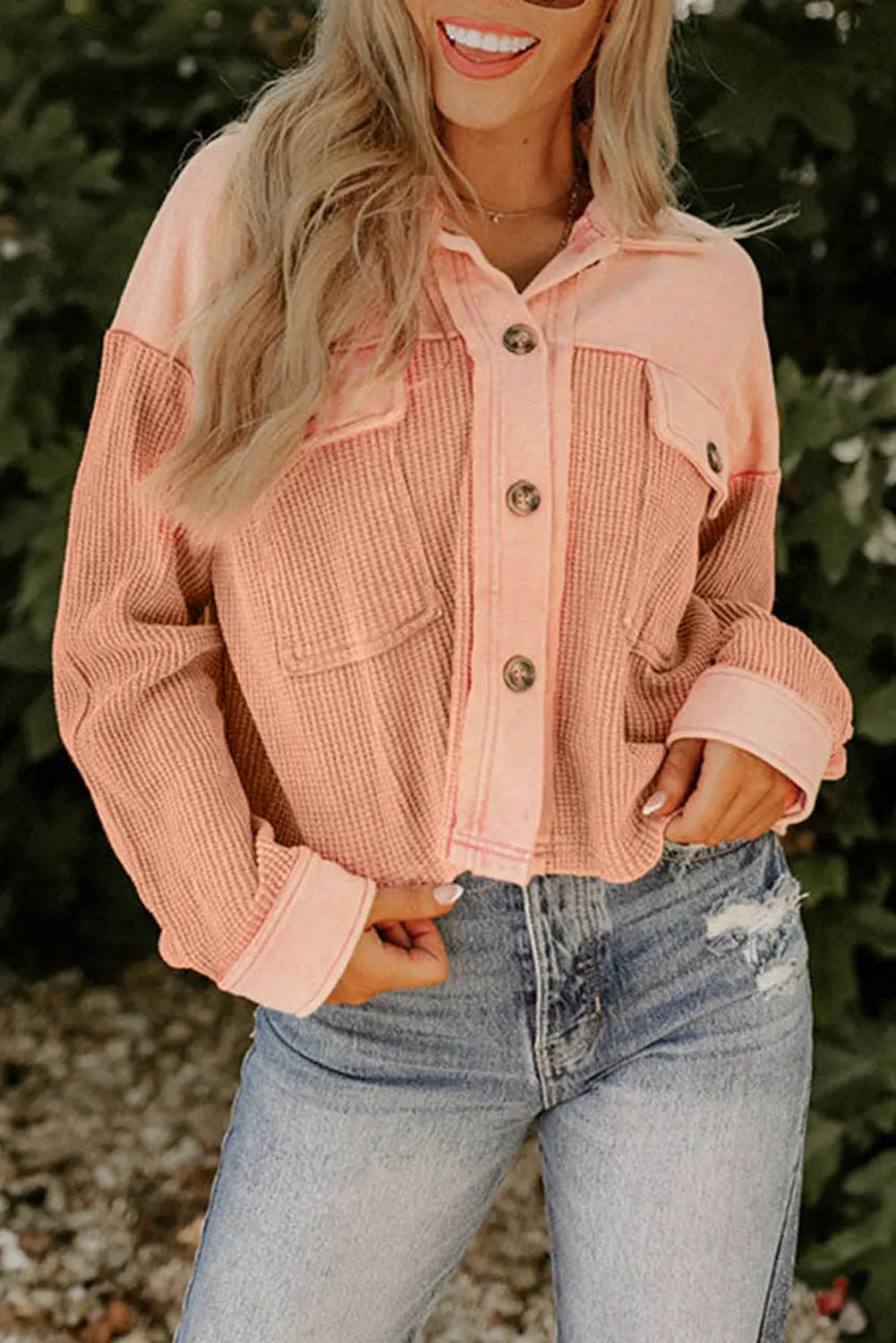 Orange Textured Waffle Knit Chest Pockets Cropped Shacket - eAura