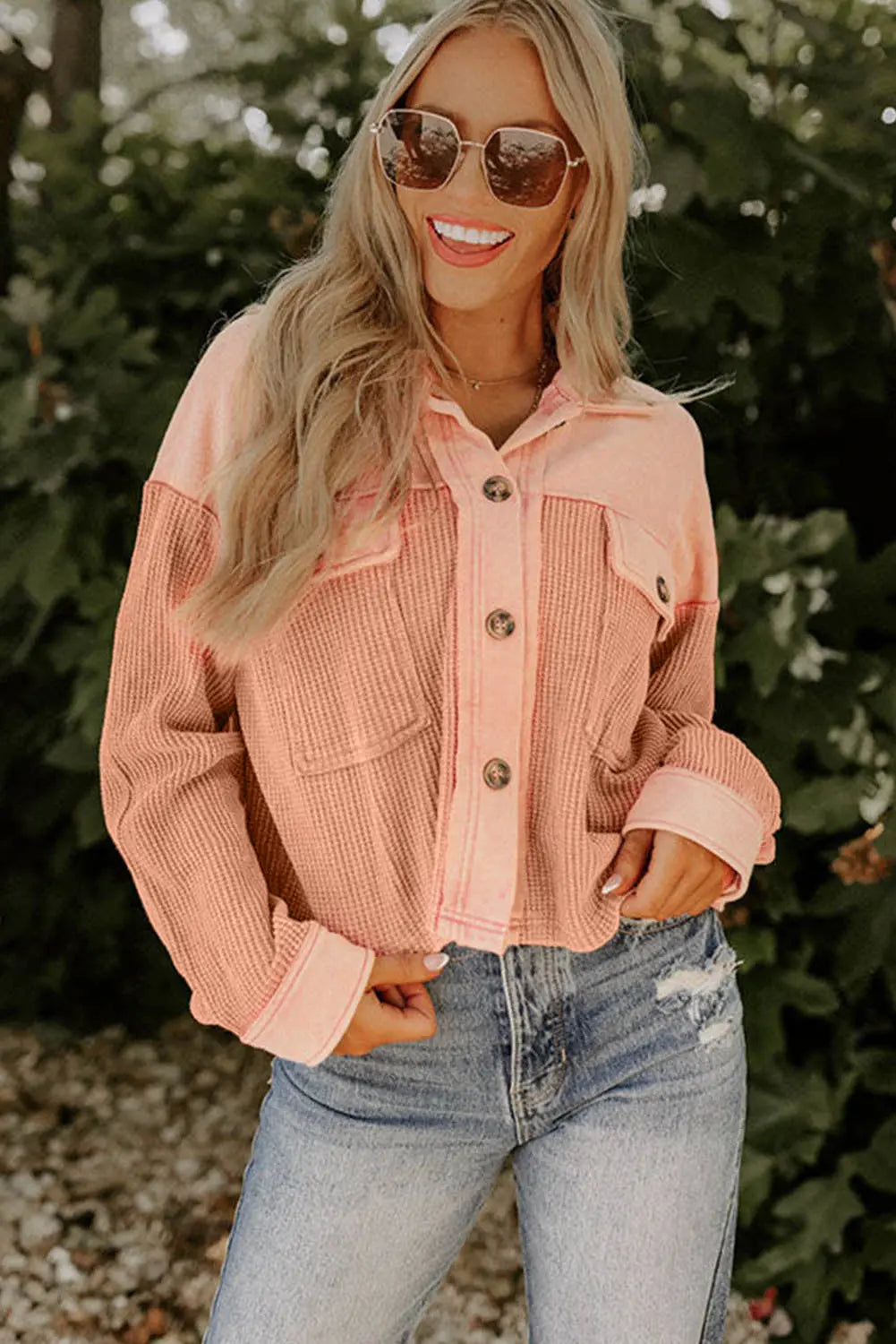 Orange Textured Waffle Knit Chest Pockets Cropped Shacket - eAura