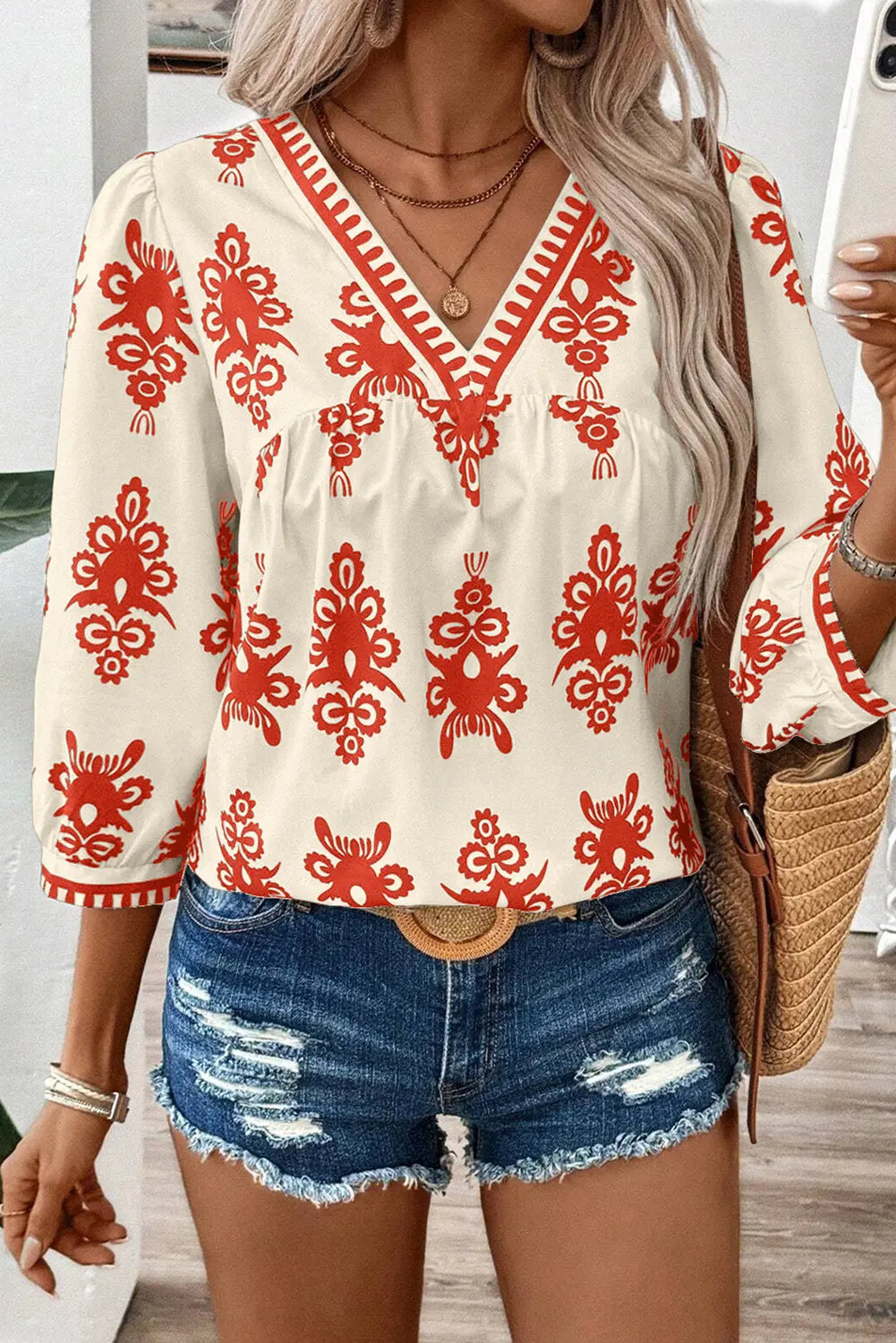 Orange Vintage Geometric Printed 3/4 Sleeve V Neck Blouse Beagle Boutique Fashion Outlet