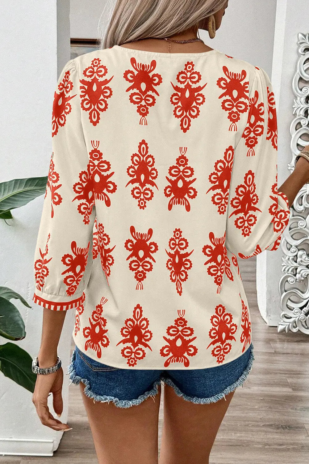 Orange Vintage Geometric Printed 3/4 Sleeve V Neck Blouse Beagle Boutique Fashion Outlet