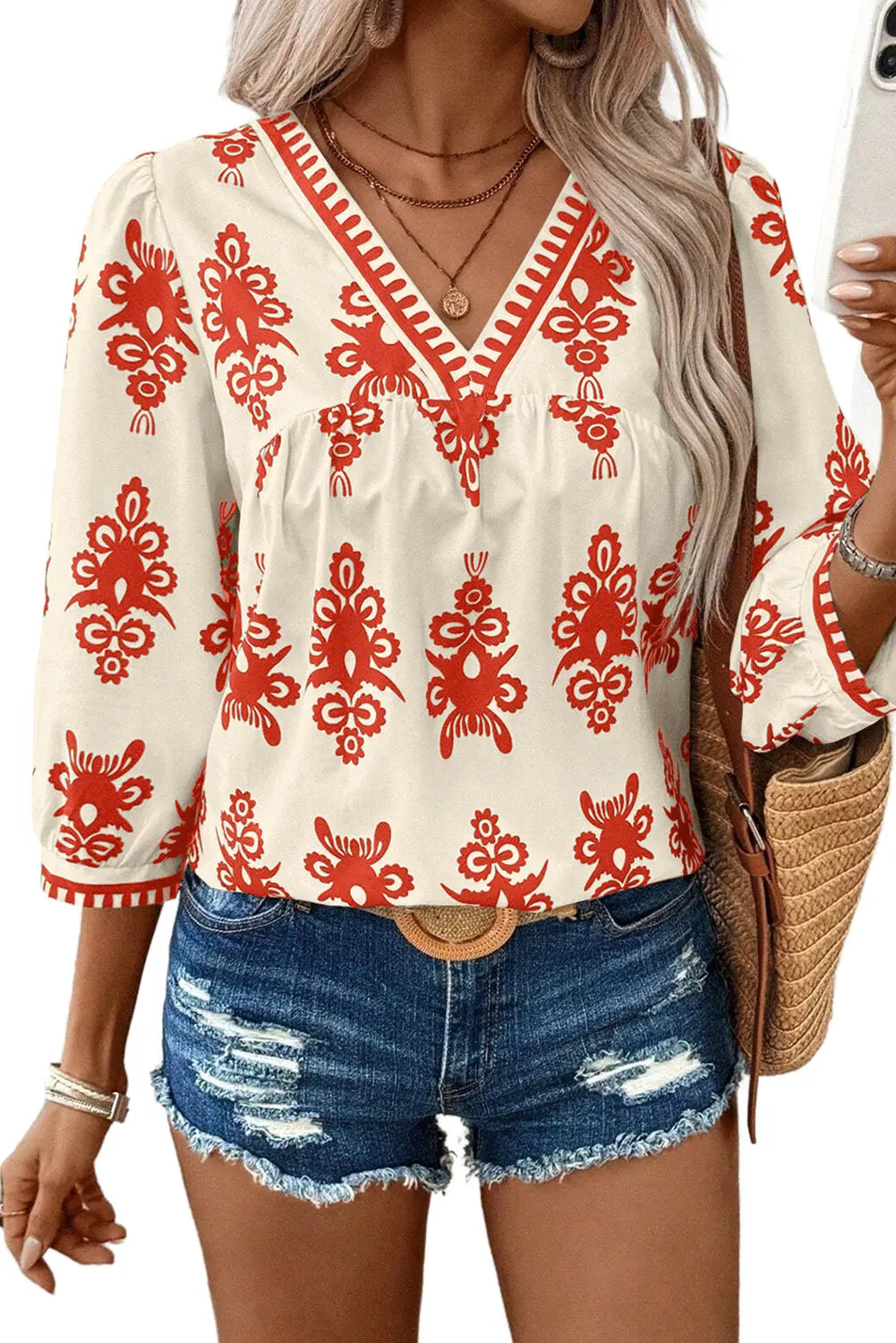 Orange Vintage Geometric Printed 3/4 Sleeve V Neck Blouse Beagle Boutique Fashion Outlet