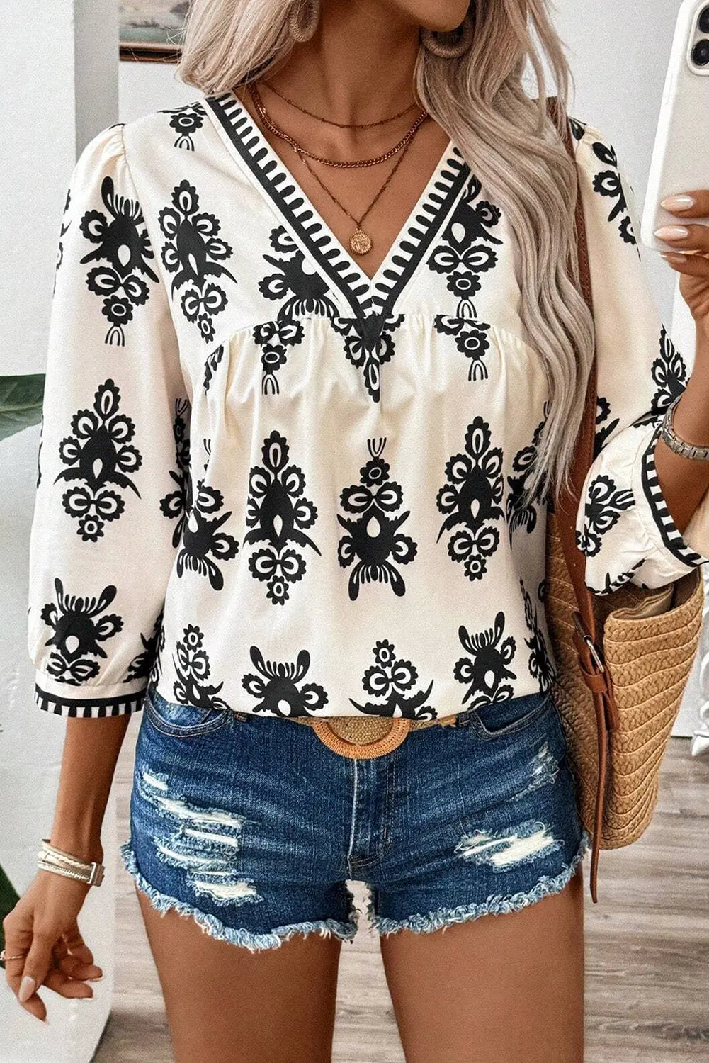 Orange Vintage Geometric Printed 3/4 Sleeve V Neck Blouse Beagle Boutique Fashion Outlet