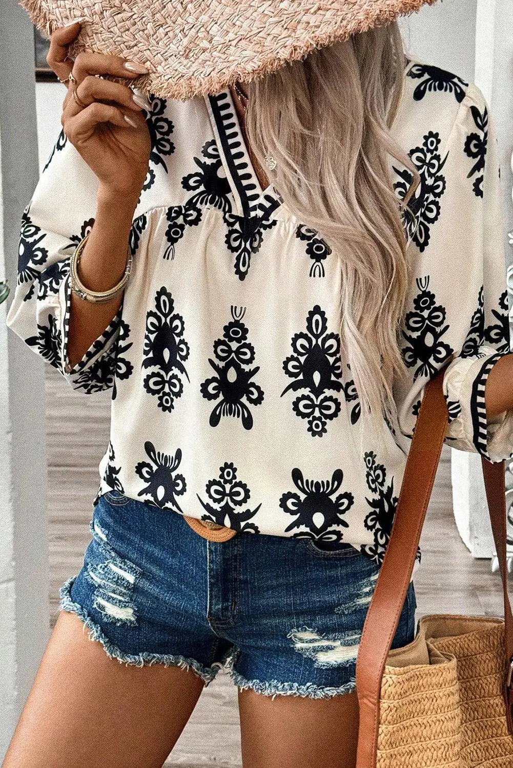Orange Vintage Geometric Printed 3/4 Sleeve V Neck Blouse Beagle Boutique Fashion Outlet