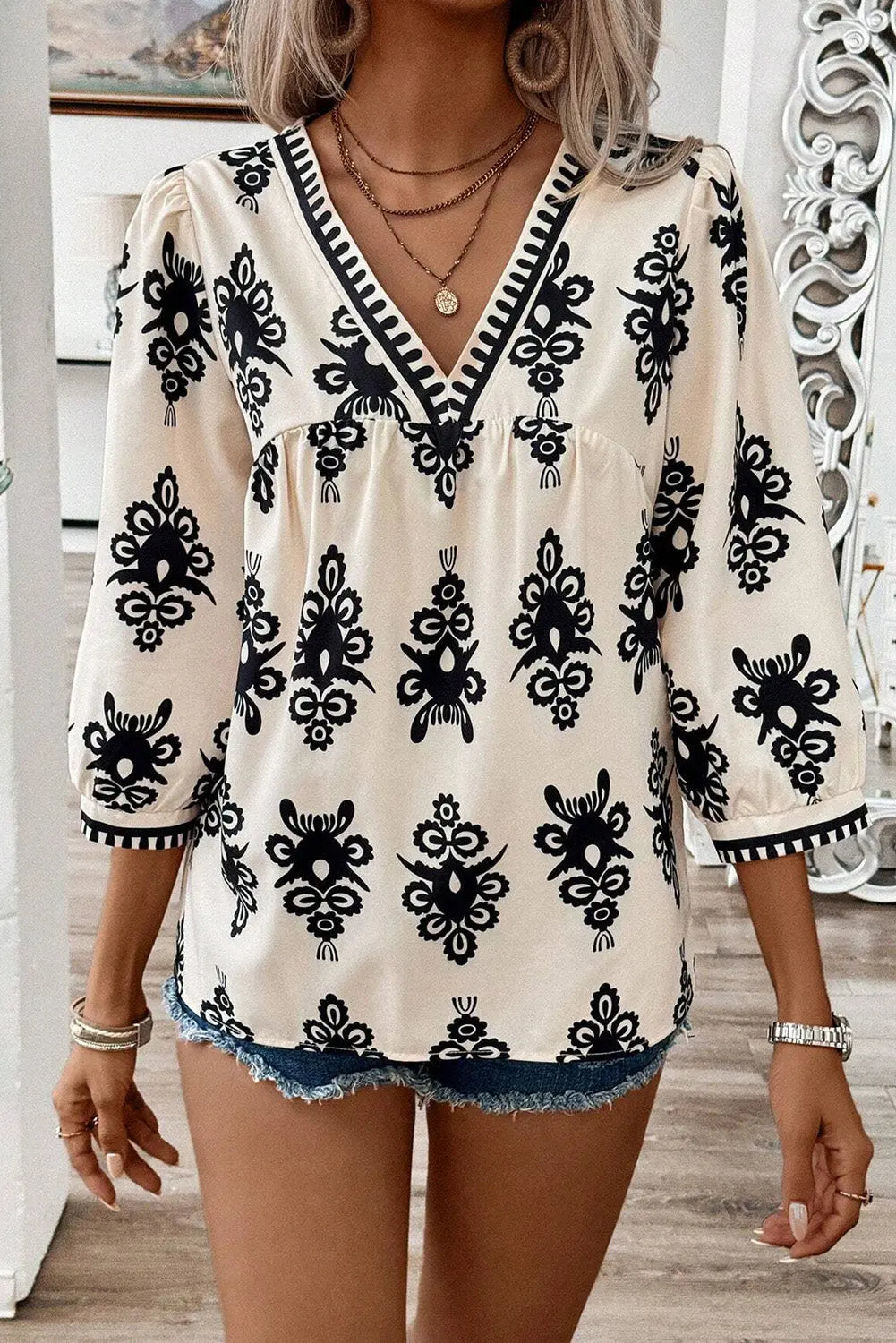 Orange Vintage Geometric Printed 3/4 Sleeve V Neck Blouse Beagle Boutique Fashion Outlet