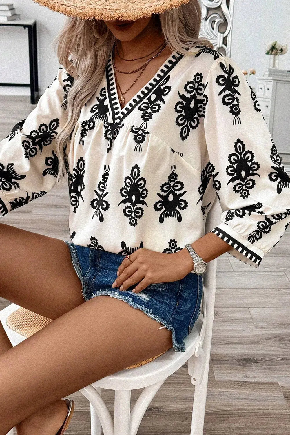 Orange Vintage Geometric Printed 3/4 Sleeve V Neck Blouse Beagle Boutique Fashion Outlet