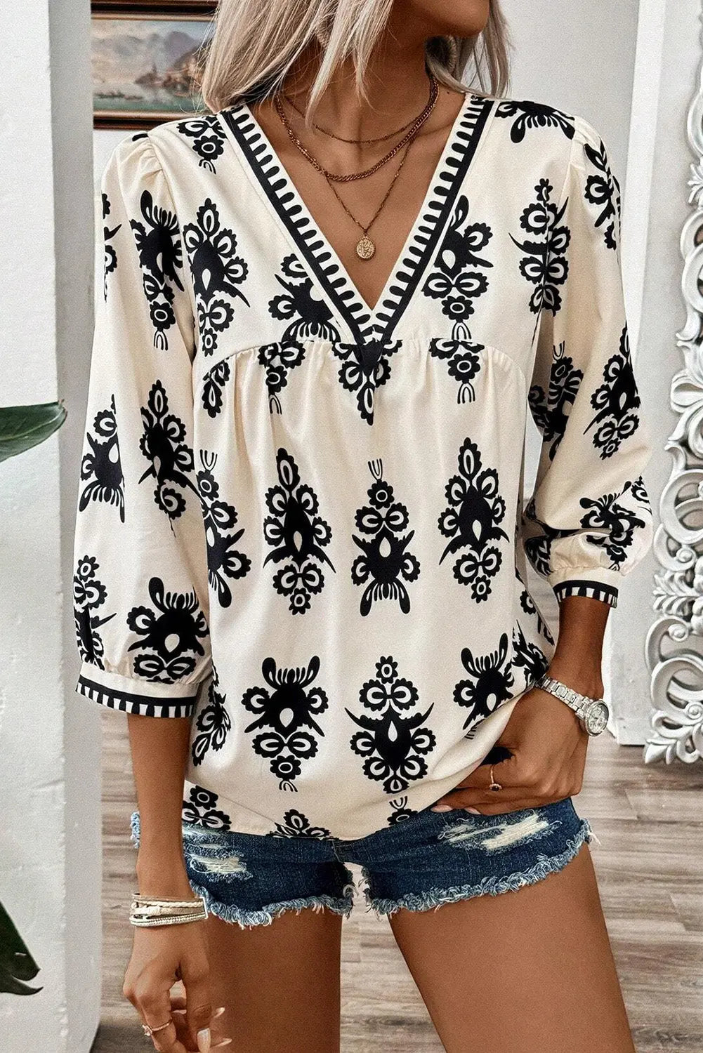 Orange Vintage Geometric Printed 3/4 Sleeve V Neck Blouse Beagle Boutique Fashion Outlet