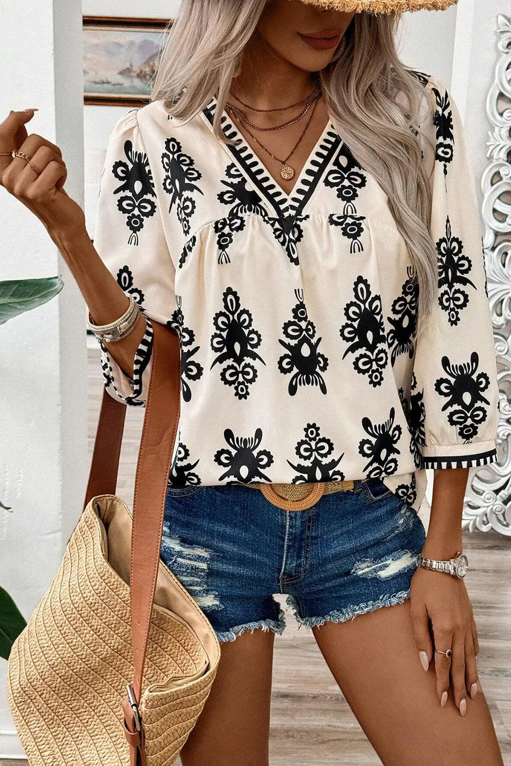 Orange Vintage Geometric Printed 3/4 Sleeve V Neck Blouse Beagle Boutique Fashion Outlet