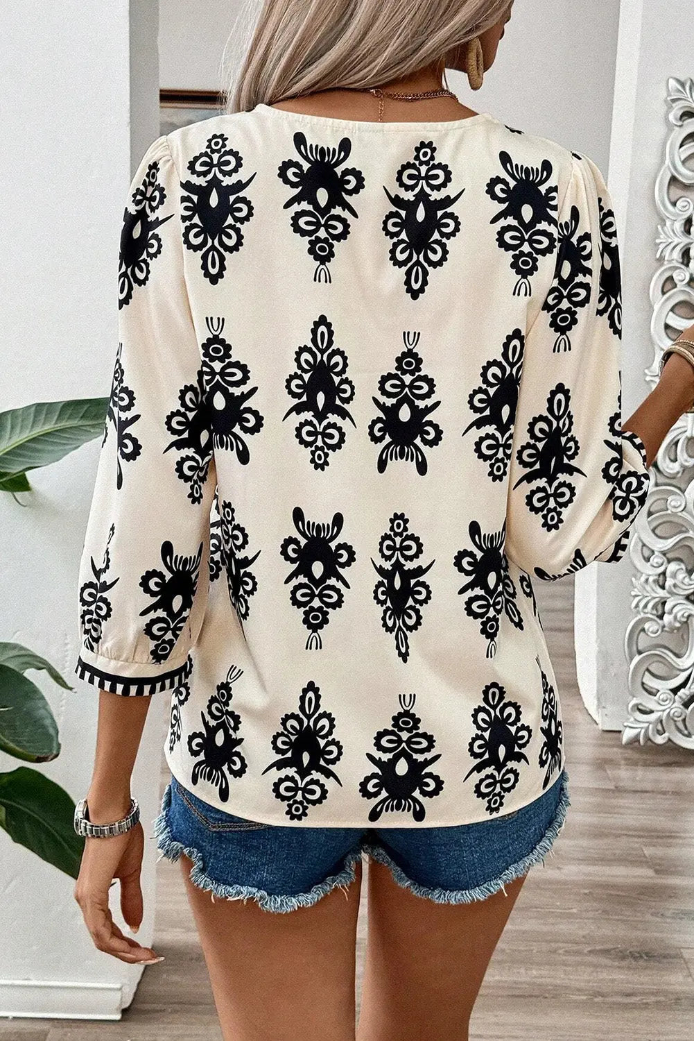 Orange Vintage Geometric Printed 3/4 Sleeve V Neck Blouse Beagle Boutique Fashion Outlet