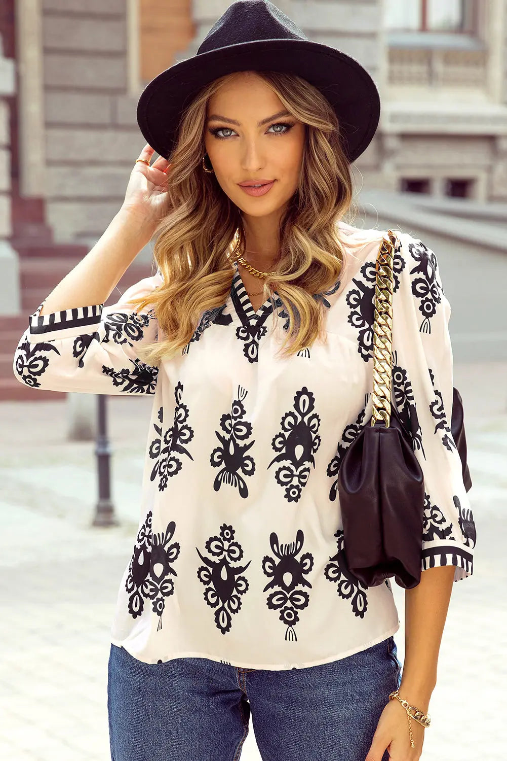 Orange Vintage Geometric Printed 3/4 Sleeve V Neck Blouse Beagle Boutique Fashion Outlet