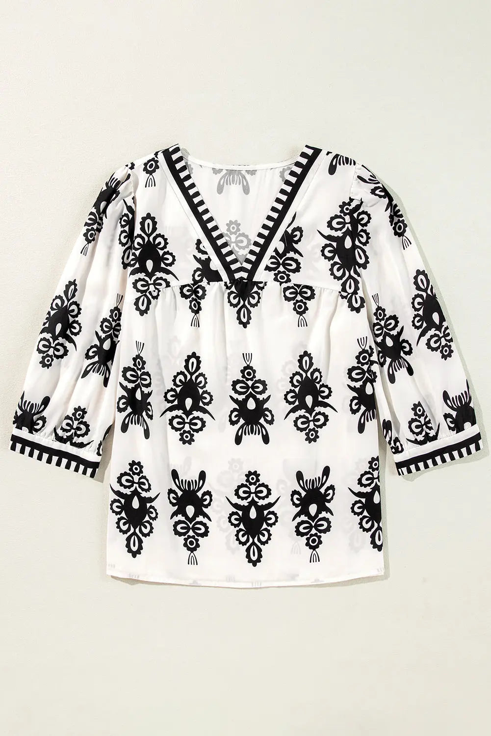 Orange Vintage Geometric Printed 3/4 Sleeve V Neck Blouse Beagle Boutique Fashion Outlet