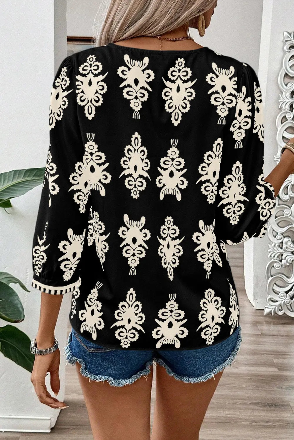 Orange Vintage Geometric Printed 3/4 Sleeve V Neck Blouse Beagle Boutique Fashion Outlet