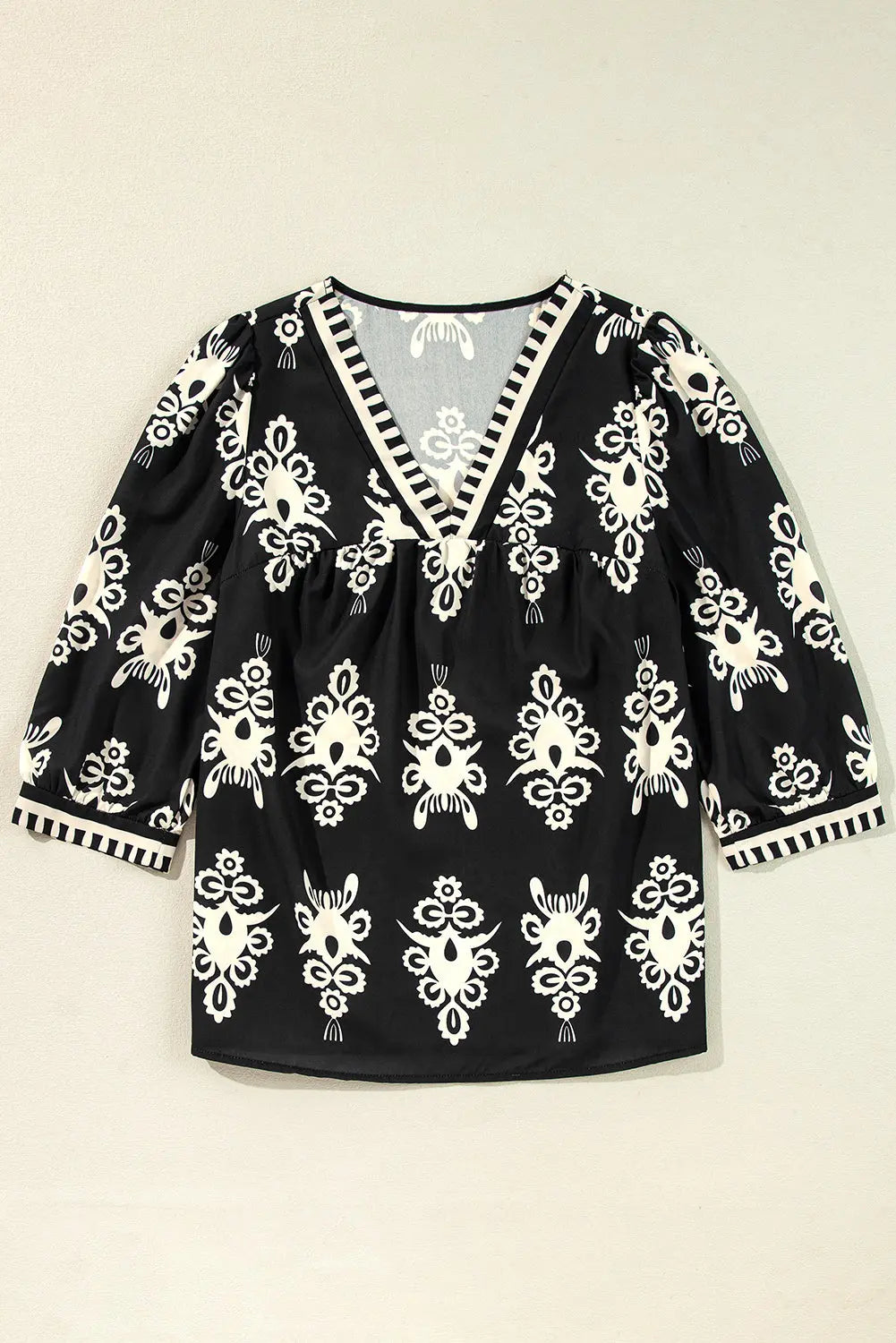 Orange Vintage Geometric Printed 3/4 Sleeve V Neck Blouse Beagle Boutique Fashion Outlet